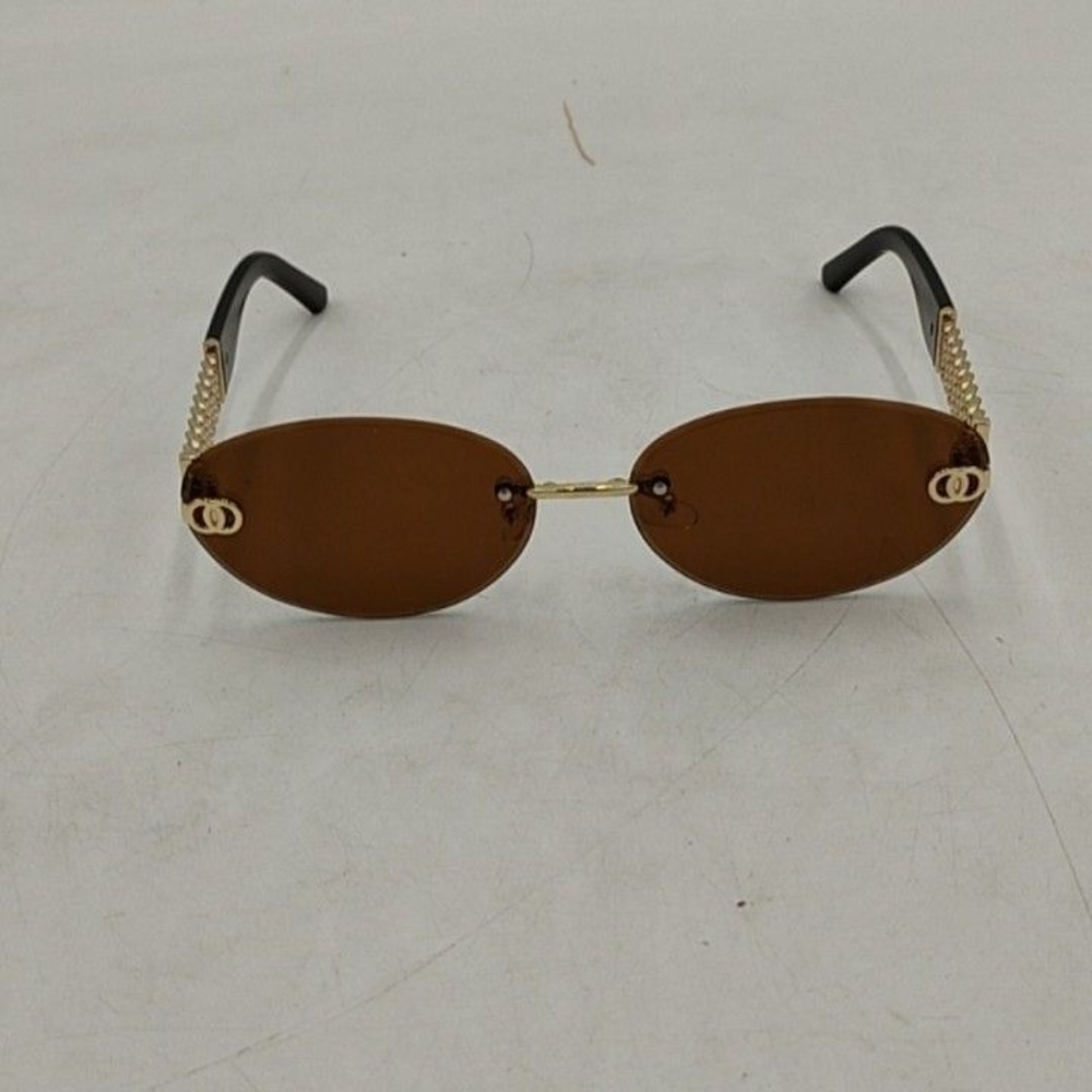 Rimless Oval Sunglasses Womens Gold Metal Frame Brown Tinted Lens Rimless